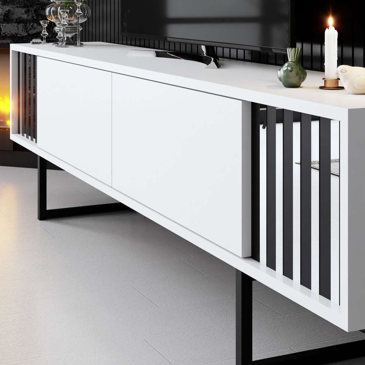 TV Meubel Wit Chrome Line 180x48x30 - Zwart Frame