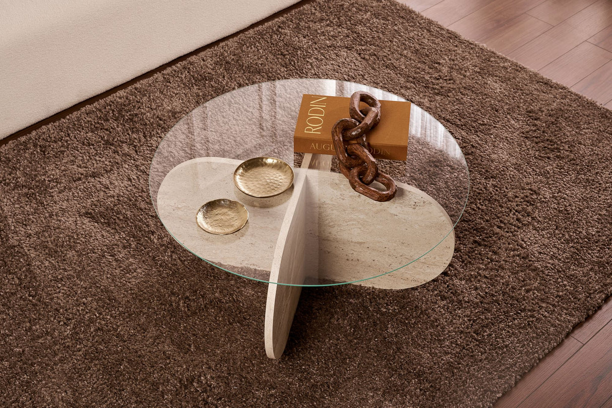 Salontafel Aris Rond 75 cm Glas - Travertijn Onderstel