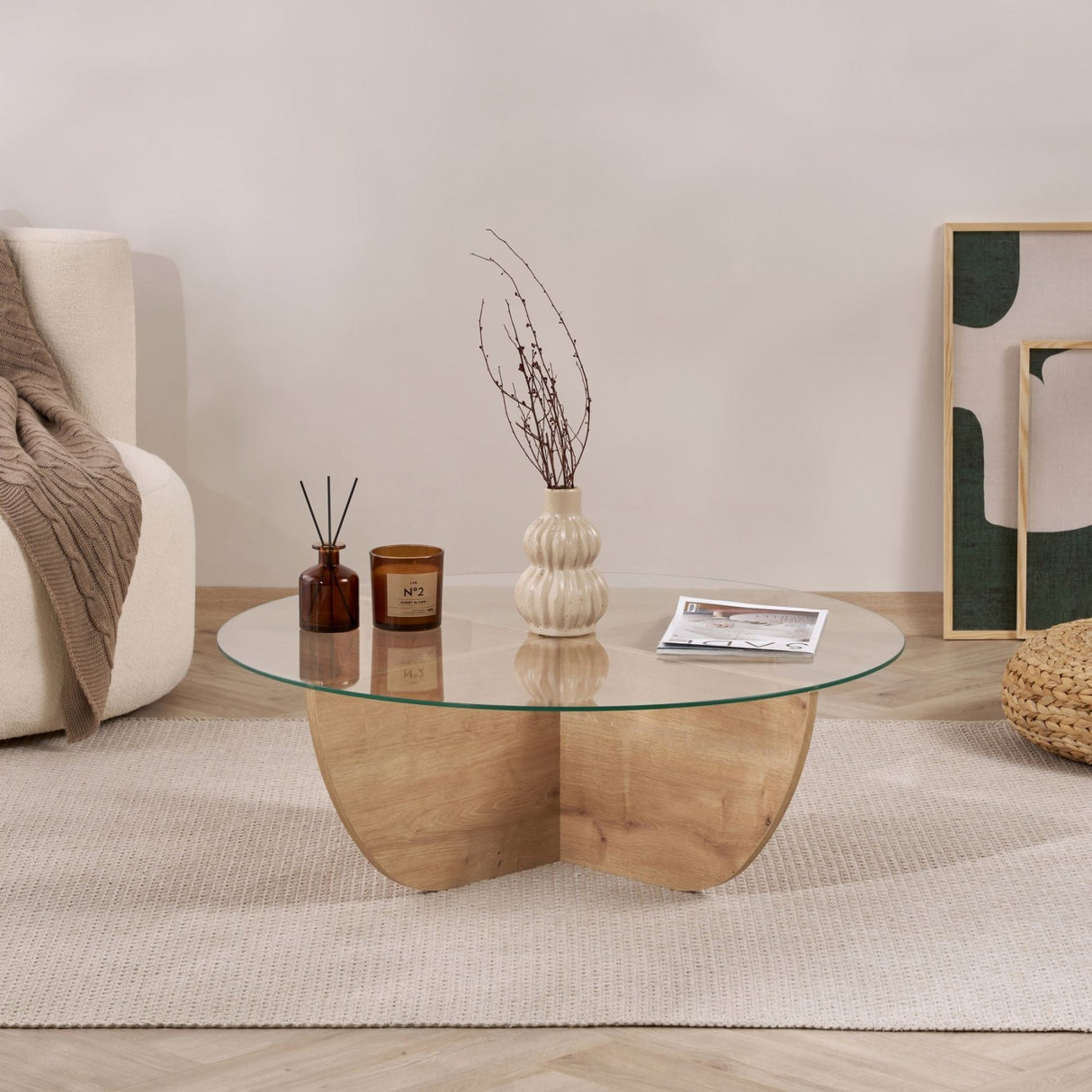 Liya salontafel Sapphire Oak ovaal 90 cm Gehard glas
