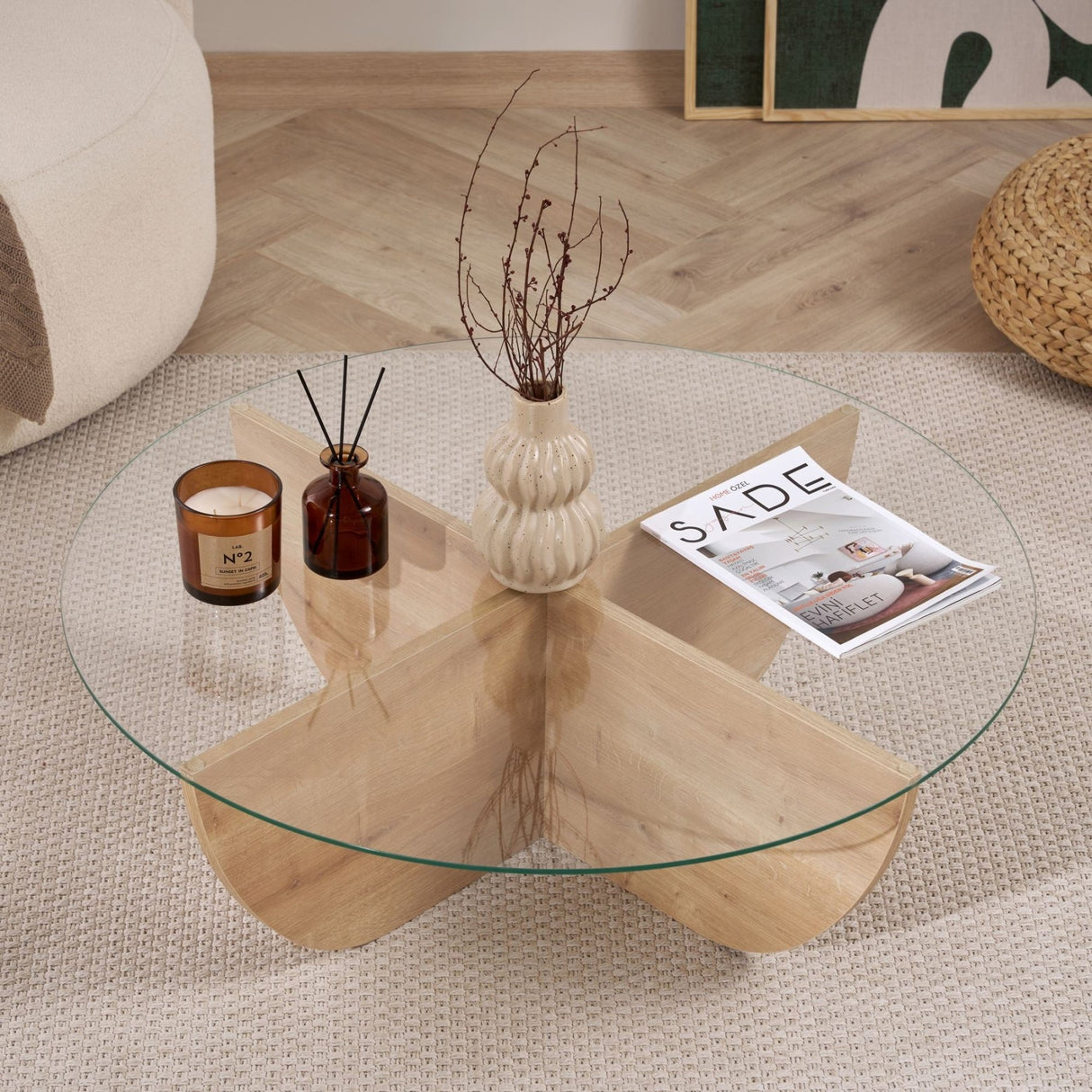 Liya salontafel Sapphire Oak ovaal 90 cm Gehard glas