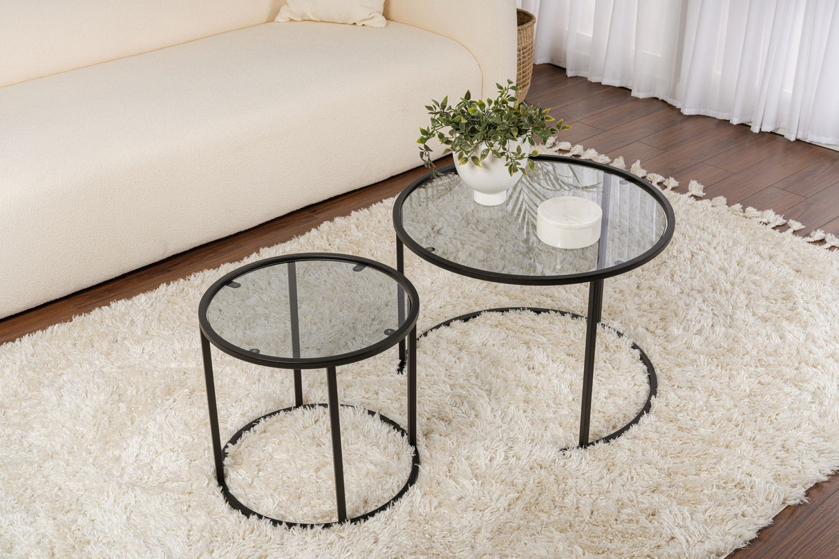 Salontafelset van 2 Rond Glas - Zwart Frame - 60, 42 cm