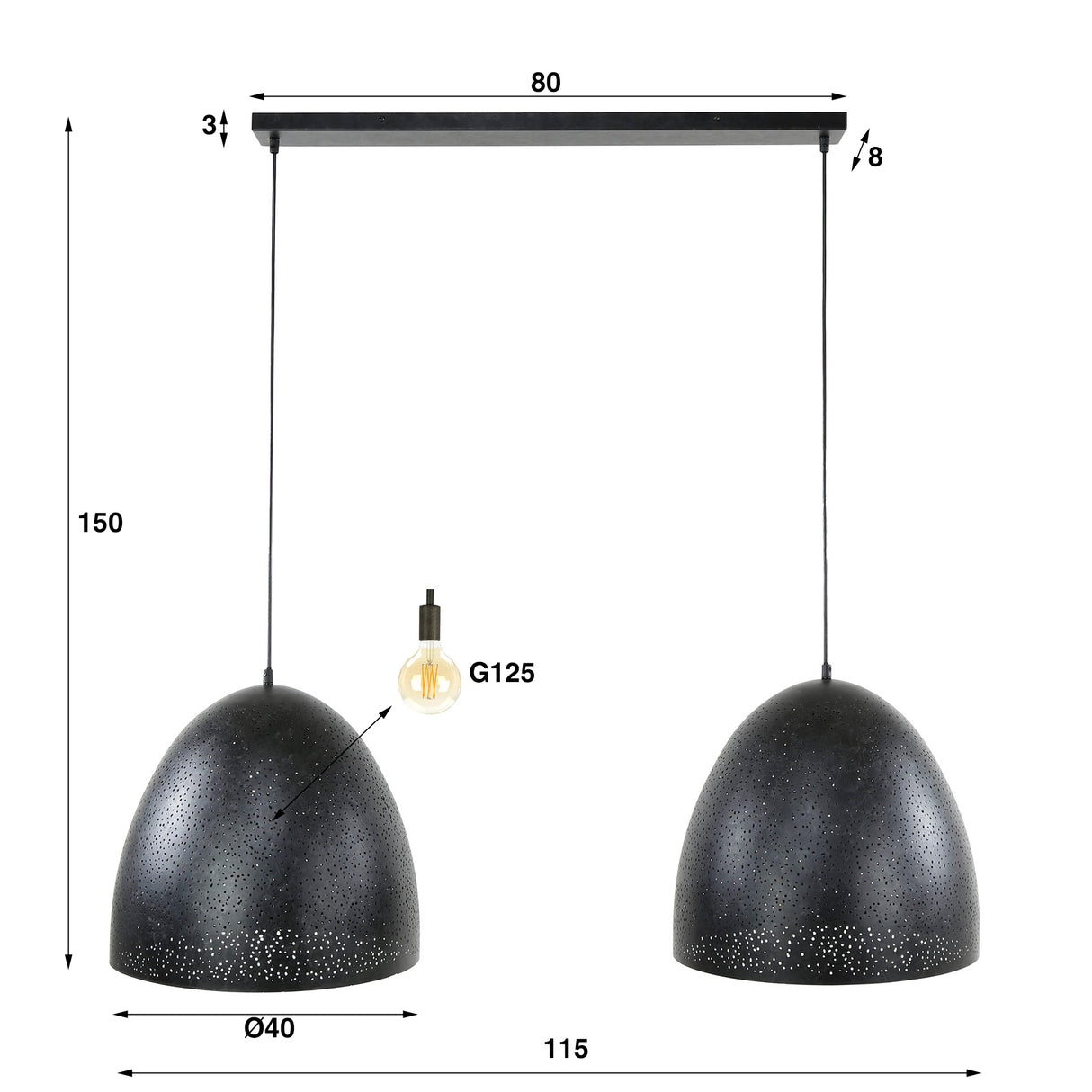 Industriële Hanglamp Kylian 2-lichts Metaal Zwart