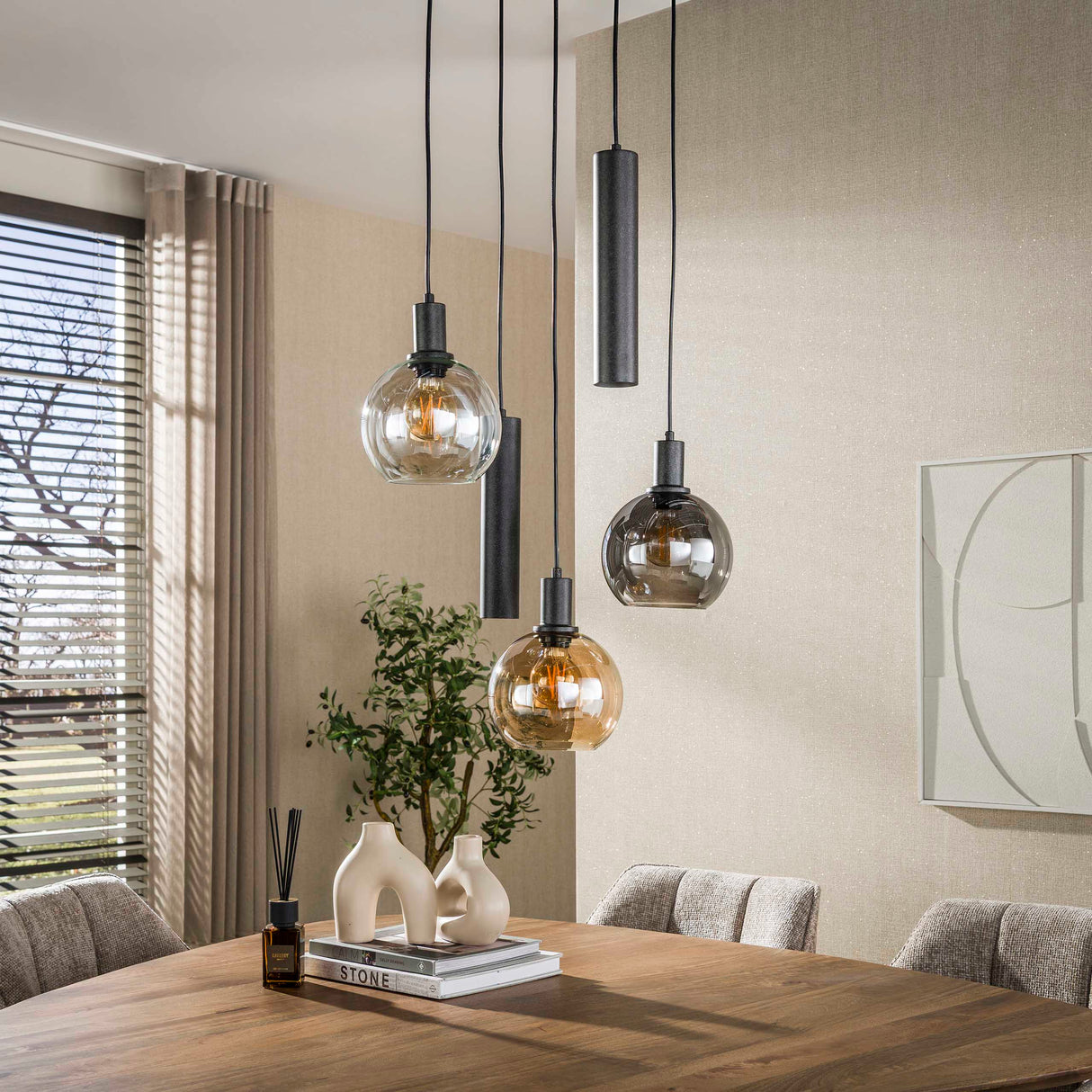 Hanglampen - Hanglamp 5 - lichts getrapt gekleurd glas zwart metaal Valeo - Dimehouse