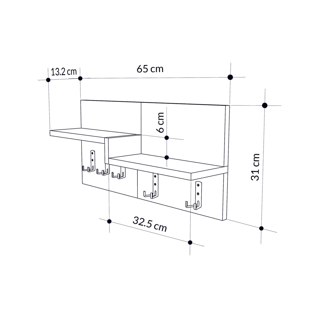 Kapstok 5-Haaks Wit, Eikenhout Melamine - 65 cm