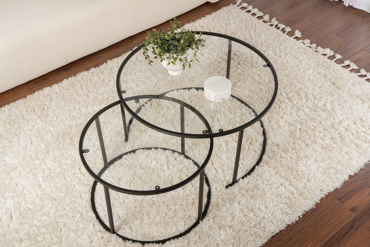 Moderne Ronde Salontafel Set van 2 Uru Zwart - Transparant Glas - 80/60 cm