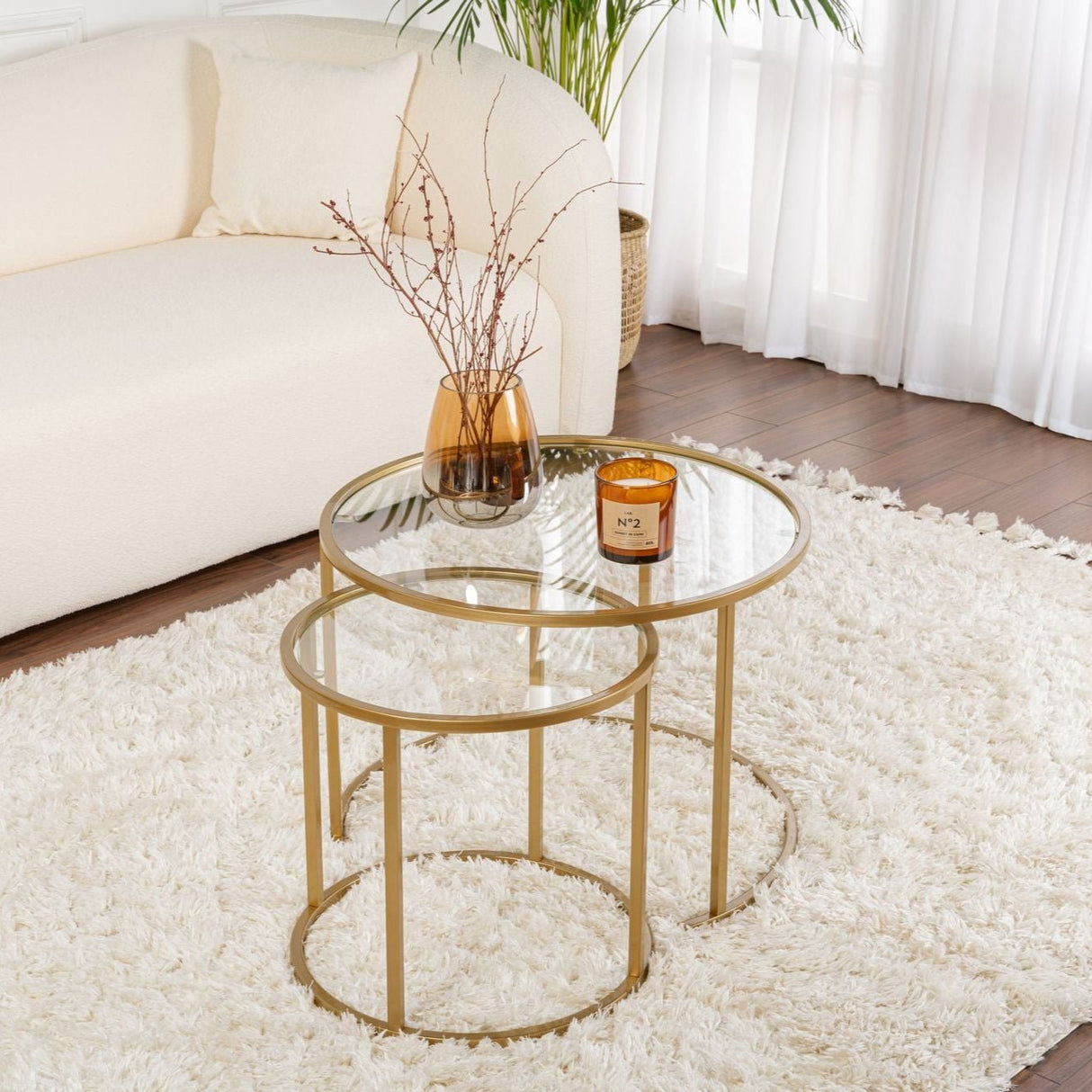 Moderne Ronde Salontafel Set van 2 Uru Goud - Transparant Glas - 60/42 cm
