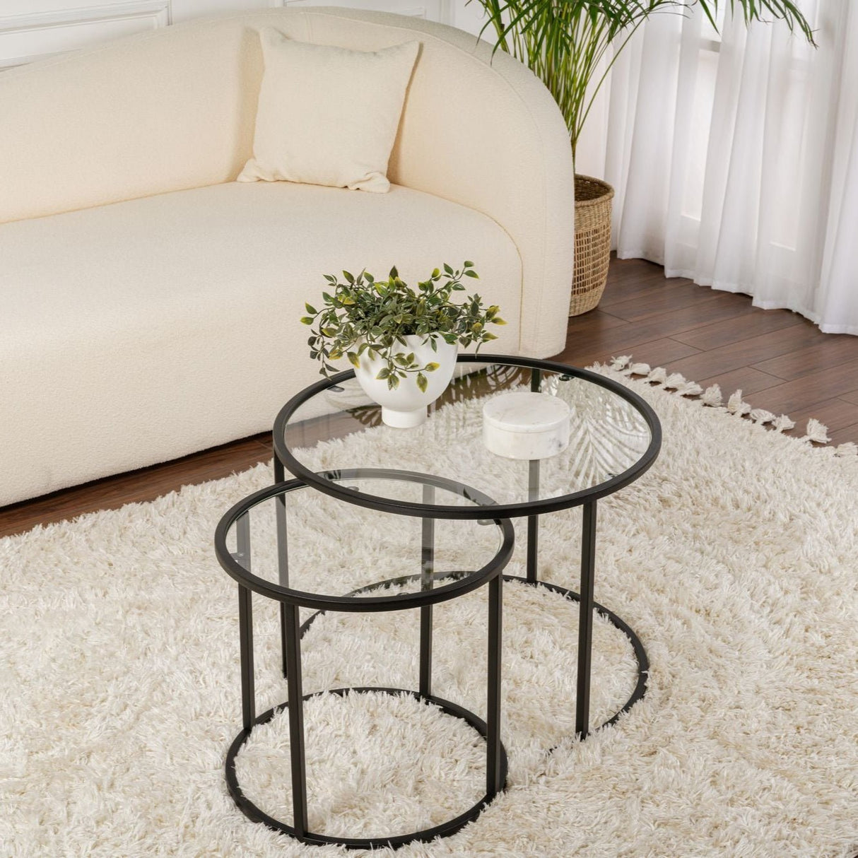 Moderne Ronde Salontafel Set van 2 Uru Zwart - Transparant Glas - 60/42 cm