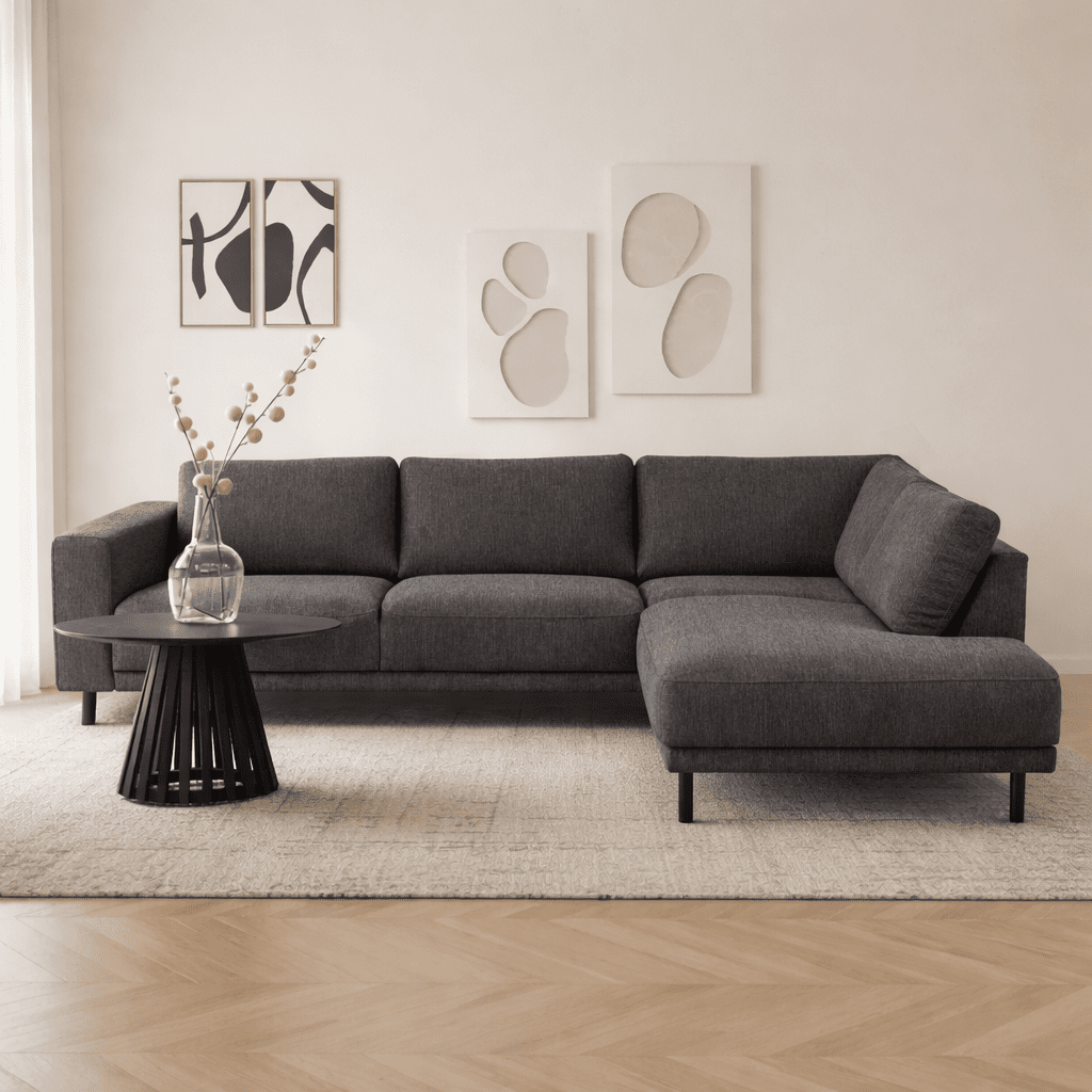 Banken - Moderne 3 - zits hoekbank met Lounger Antraciet Stof Aniko rechts 240x197x78 cm - Dimehouse