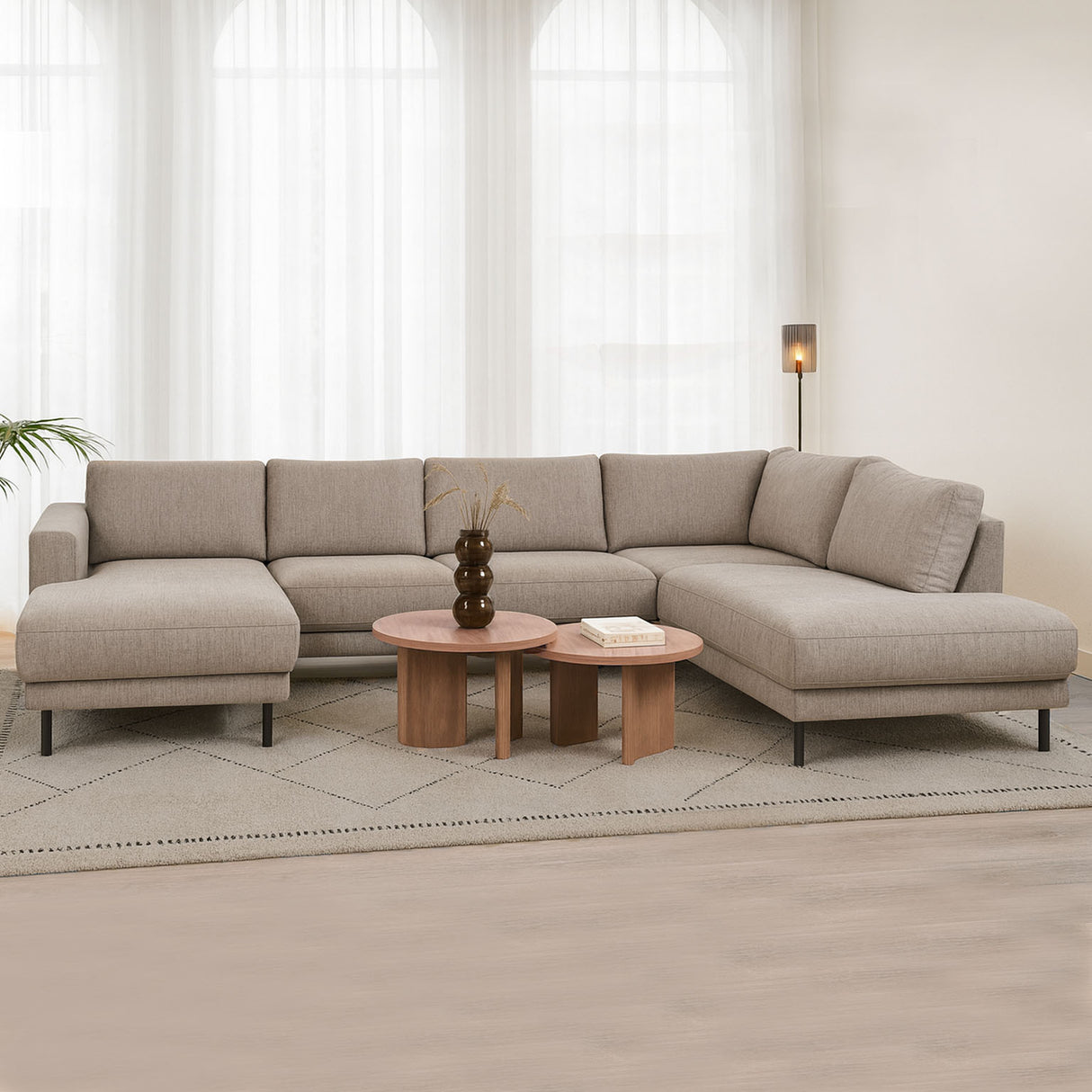 Moderne U-Bank Hoekbank Rechts Taupe Stof Aniko 310x197x78 cm