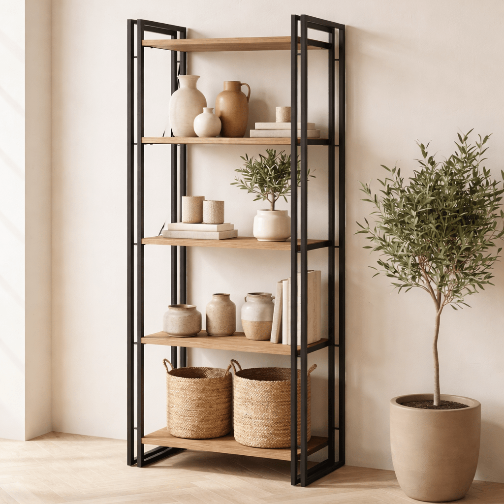 Industriële boekenkast dennenhout melamine zwart metaal Cosmo 60x180x35 cm