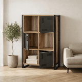 Industriële kast dennenhout melamine zwart metaal Cosmo 89x127x35 cm