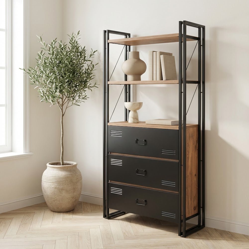 Industriële boekenkast met lades dennenhout melamine zwart metaal Cosmo 90x180x35 cm