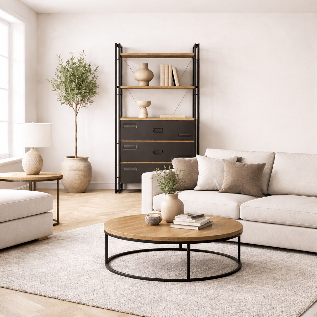 Industriële boekenkast met lades dennenhout melamine zwart metaal Cosmo 90x180x35 cm