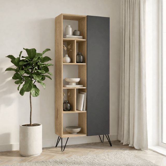 Boekenkasten - Boekenkast Jedda Eik Antraciet Melamine 79x190x32 cm - Dimehouse