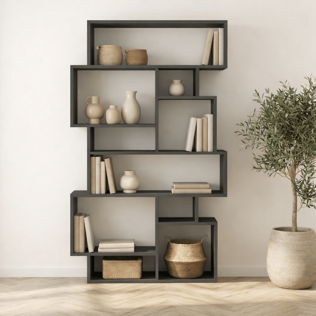 Asymmetrische boekenkast antraciet melamine Karmato 96x168,5x25,5 cm
