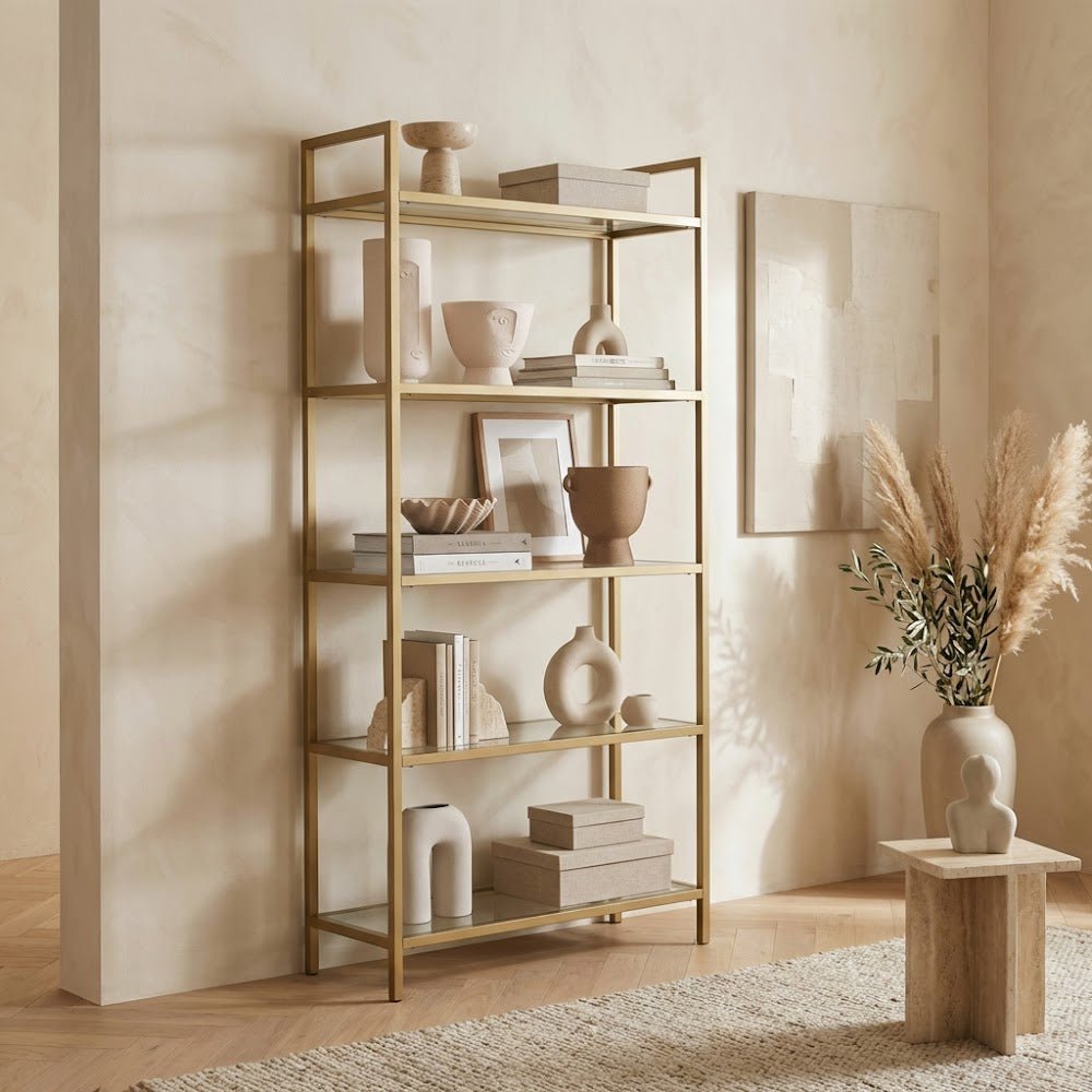 Boekenkasten - Modern chic boekenkast Veneto goud metaal glas 80x165x30 cm - Dimehouse