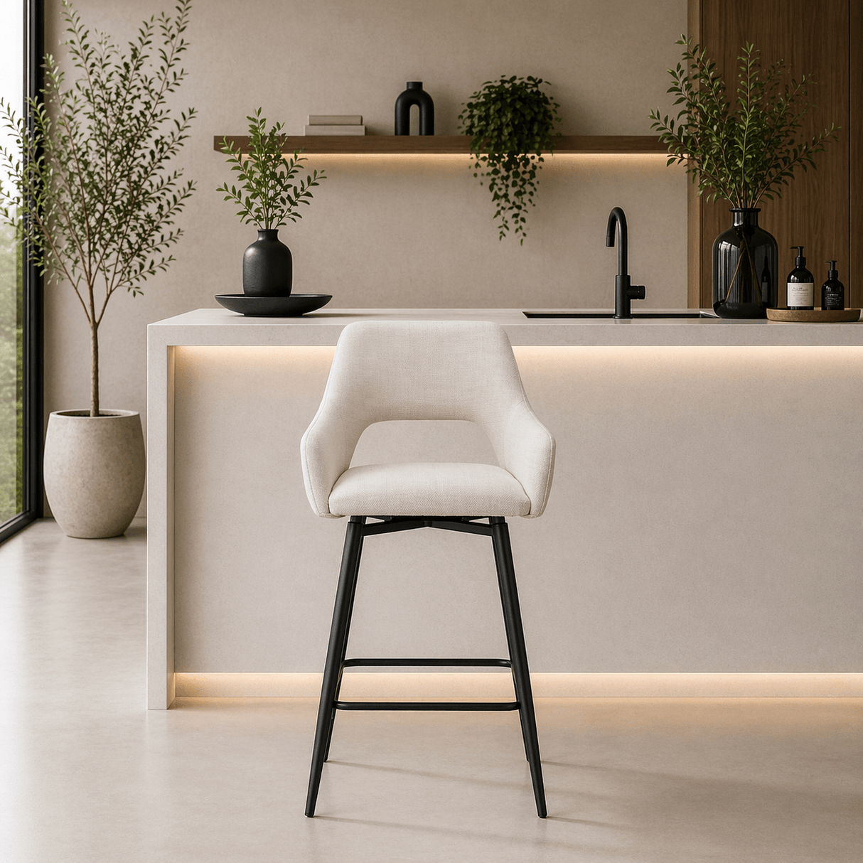 Barkrukken - Draaibare Barkruk Beige Stof Skye - Zithoogte 67 cm - Met Armleuningen - Dimehouse