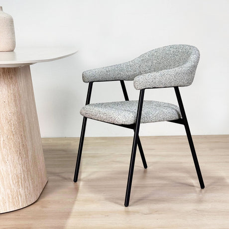 Complete Meubelset: Lea Eettafel Sintered Stone Marmerlook Travertine - Eiken Frame + 4x Lisa Eetkamerstoelen Bouclé Grijs