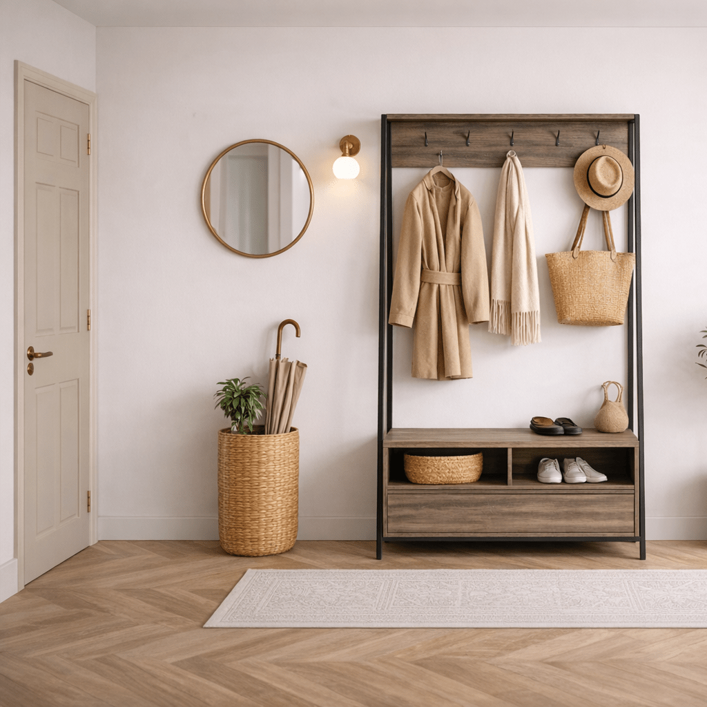 Kapstokken - Garderobemeubel Kapstok Walnoot Melamine Devon - Met Vakken en Lade - Dimehouse