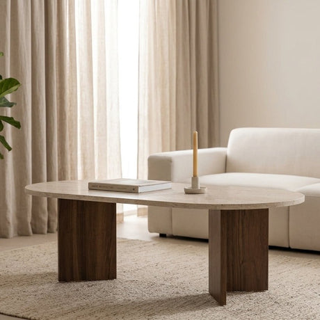 Salontafels-Ovale salontafel walnoot travertin melamine - Japandi - 119x60 cm - Sota-Dimehouse