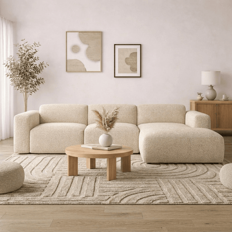 Banken-Hoekbank zand bouclé stof - 272x170 cm - Shane - rechts-Dimehouse