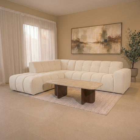 Hoekbank met lounge beige bouclé stof Nova - links