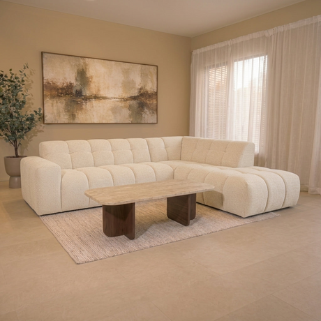 Hoekbank met lounge beige bouclé stof Nova - rechts