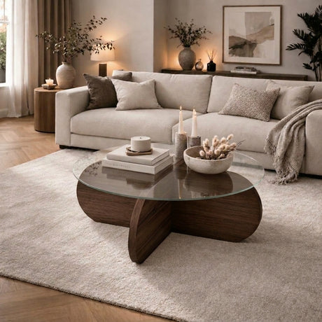 Ronde salontafel Aris walnoot melamine en transparant glas 75 cm