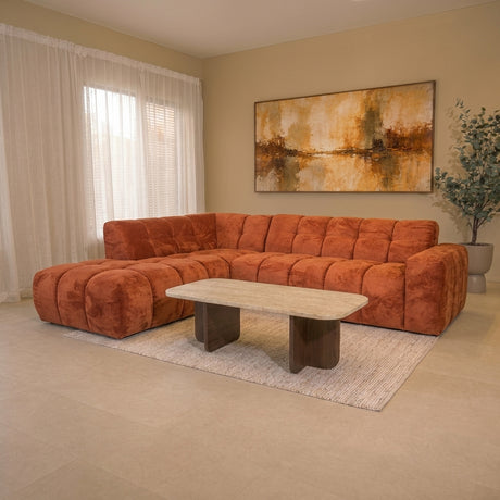 Hoekbank met lounge koper bouclé stof Nova - links