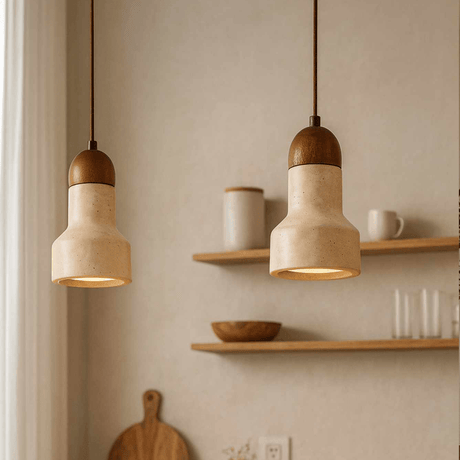 Hanglamp 1 licht - Walnoot & Travertin - langwerpig - Hakaro