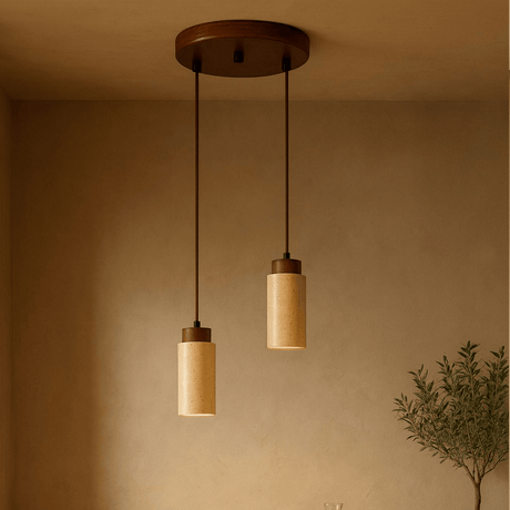 Hanglamp 2-lichts – Walnoot & Travertin blokken - cilindervorm - Sudoki