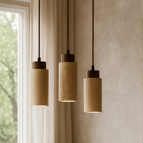 Hanglamp 3-lichts – Walnoot & Travertin blokken - cilinder - ronde plaat - Sudoki