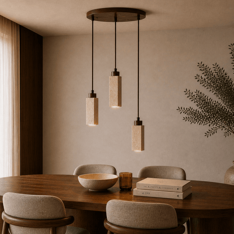 Hanglamp 3-lichts – Walnoot & Travertin blokken - blokvorm - ronde plaat - Sudoki