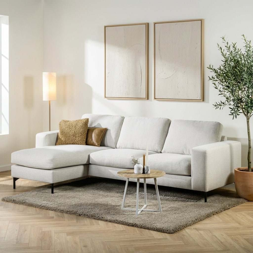 Hoekbank Benny stof beige sfeerfoto in modern interieur