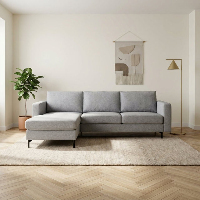 Hoekbank Rosan stof grijs links/rechts sfeerfoto in modern interieur