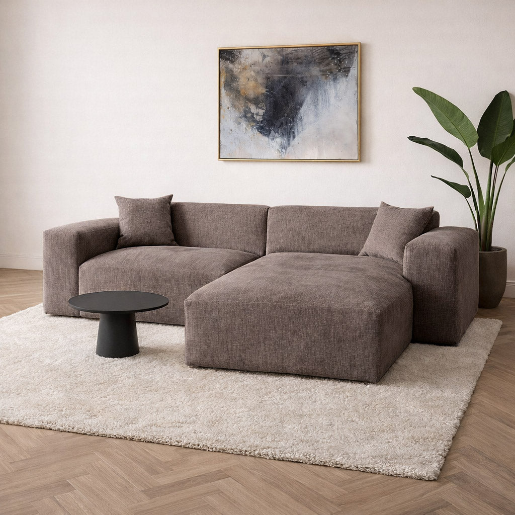 Banken - Hoekbank taupe chenille Wayne 264 cm - hoek links en rechts monteerbaar - Dimehouse