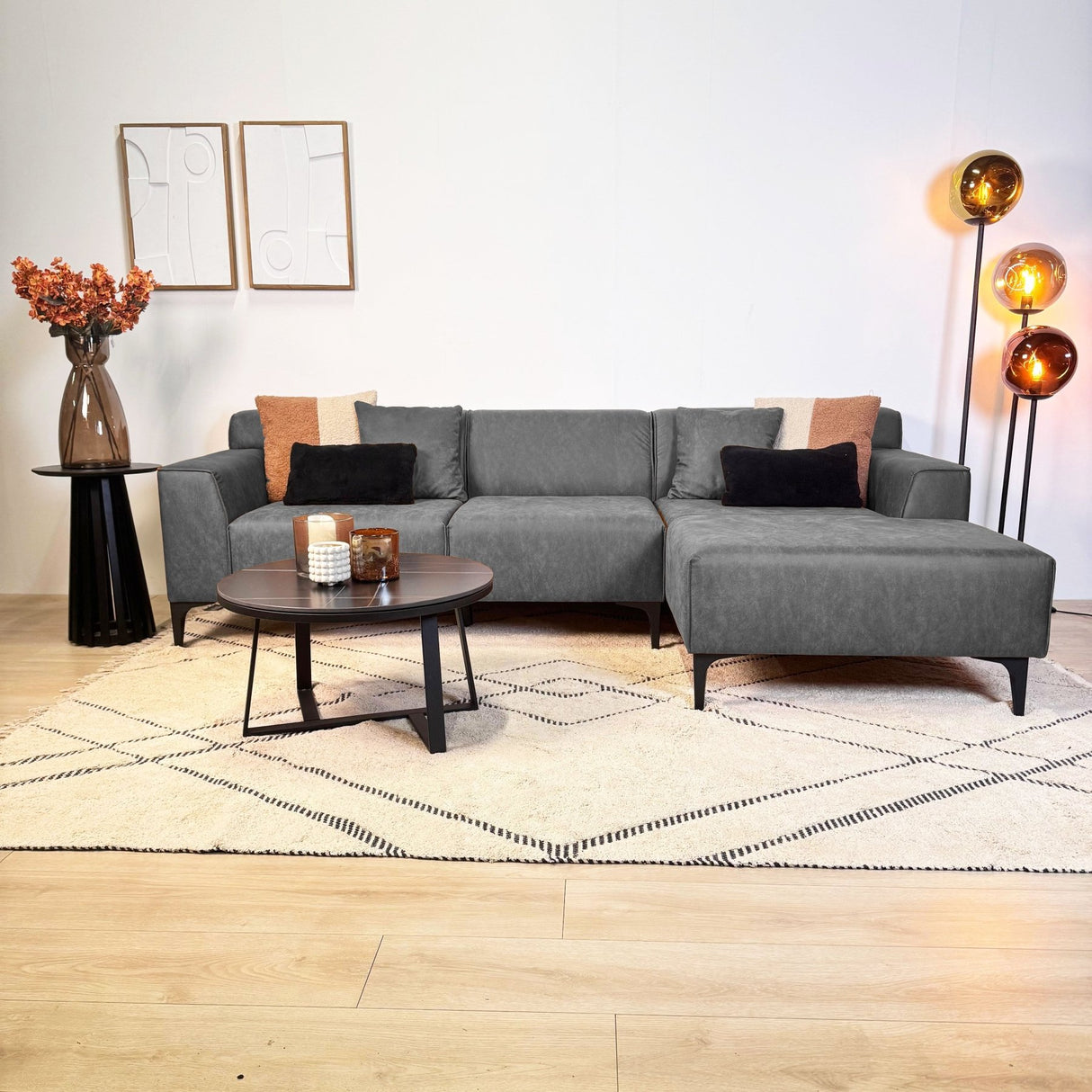 Hoekbank met compacte lounge antraciet microvezel Davidson - rechts