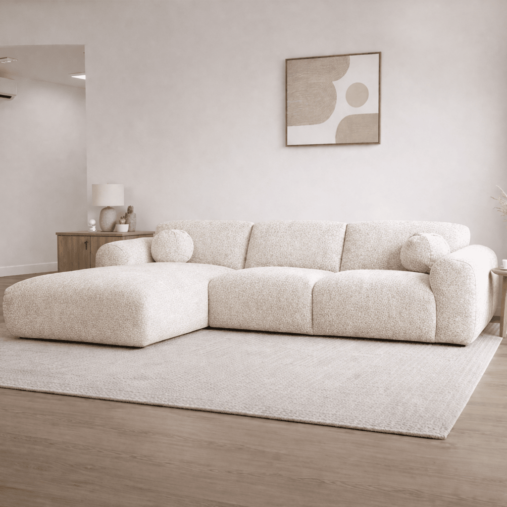 Banken - Hoekbank beige bouclé stof - 292x169 cm - Shane - links - Dimehouse