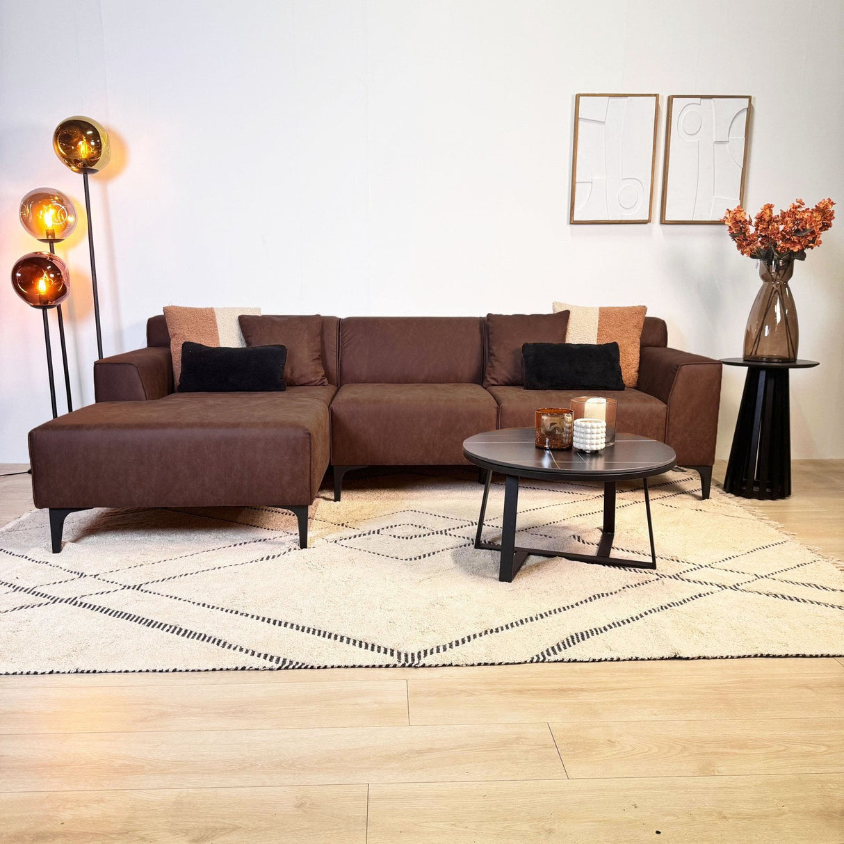 Hoekbank Davidson Microvezel Bruin met compacte lounge - Links