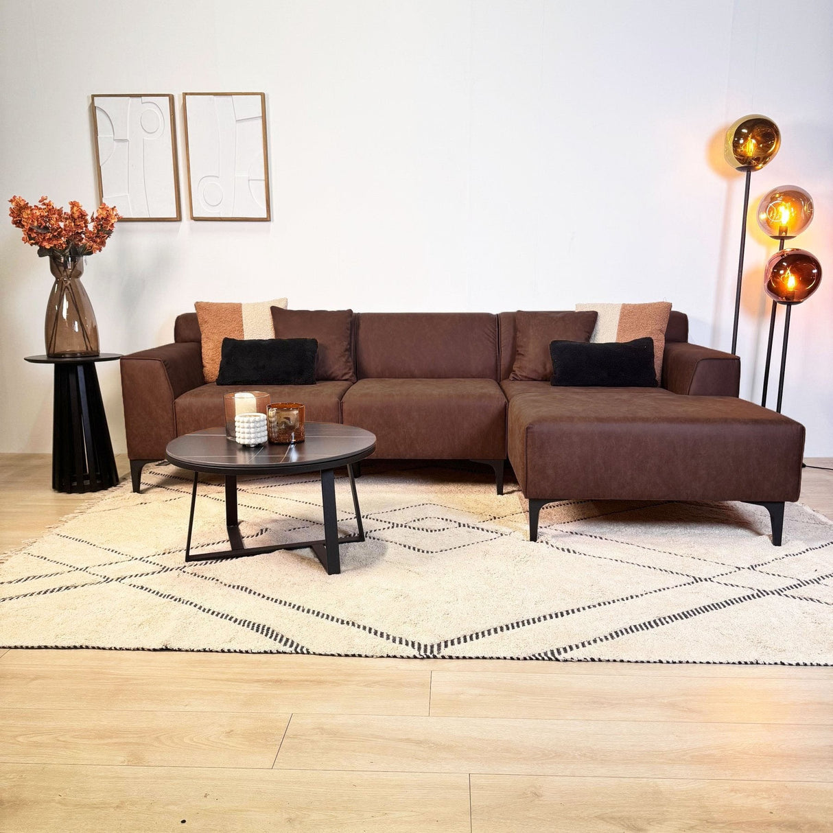 Hoekbank Davidson Microvezel Bruin met compacte lounge - Rechts