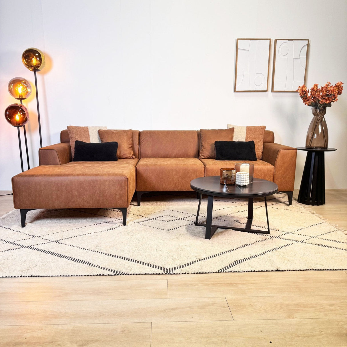 Hoekbank Davidson Microvezel Cognac met compacte lounge - Links
