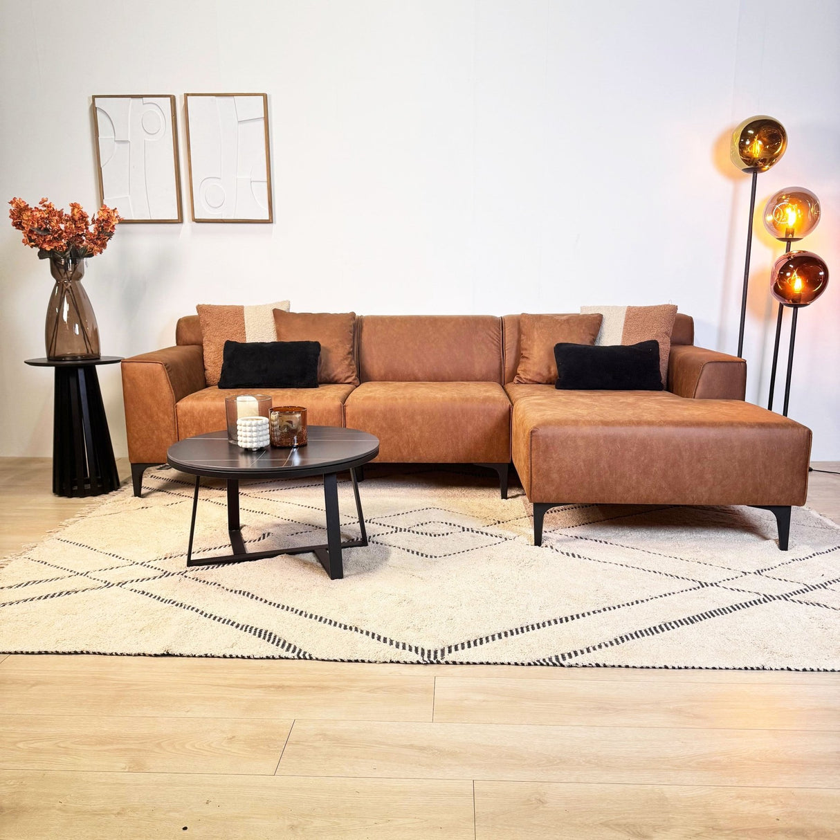 Hoekbank Davidson Microvezel Cognac met compacte lounge - Rechts