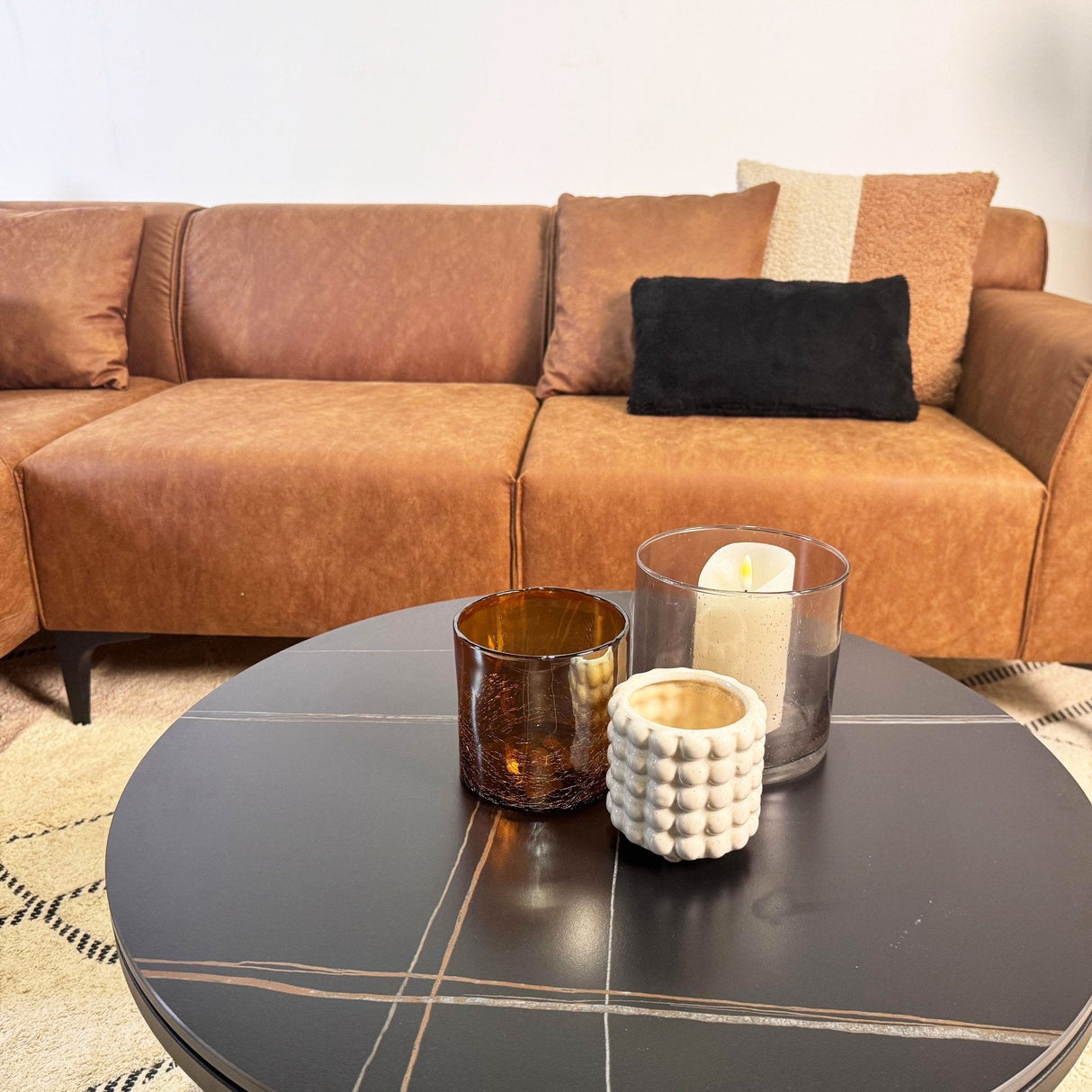 Hoekbank Davidson Microvezel Cognac met compacte lounge - Links