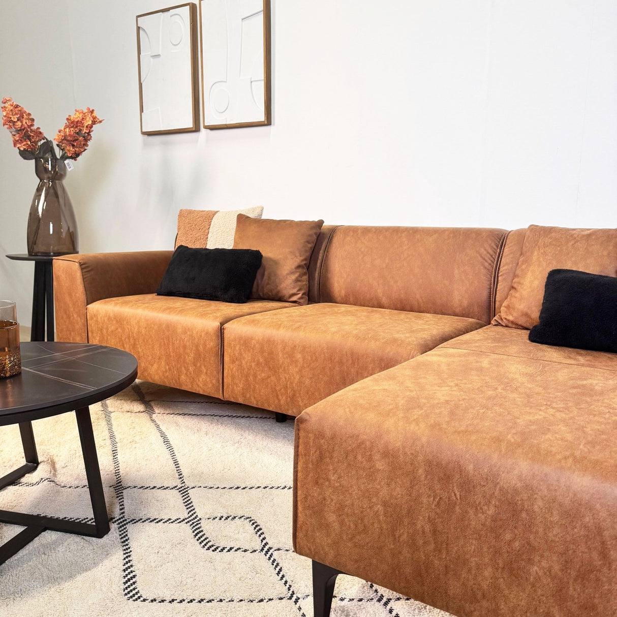 Hoekbank Davidson Microvezel Cognac met compacte lounge - Rechts