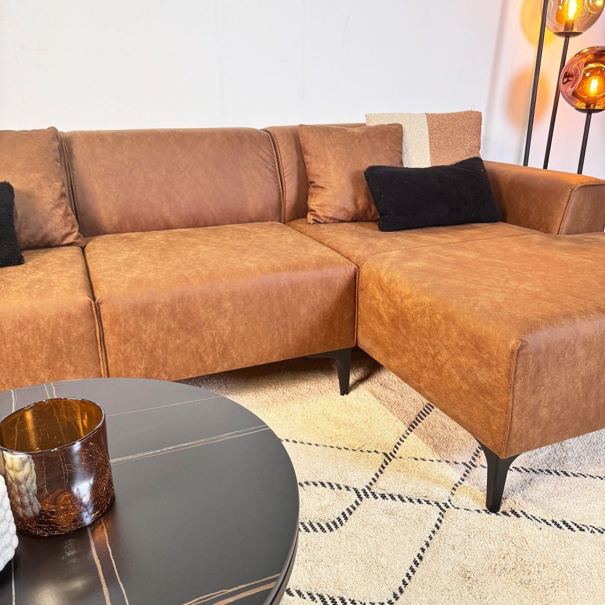 Hoekbank Davidson Microvezel Cognac met compacte lounge - Rechts