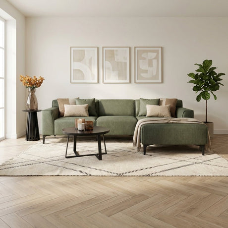 Hoekbank met compacte lounge groen microvezel Davidson - rechts sfeerfoto in modern interieur