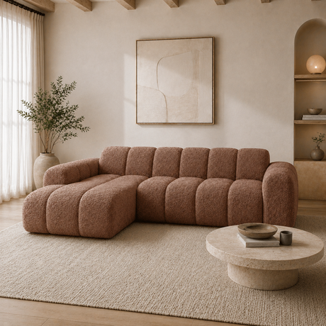 Banken-Hoekbank met lounge koper bouclé stof - strepen - links - Brix-Dimehouse