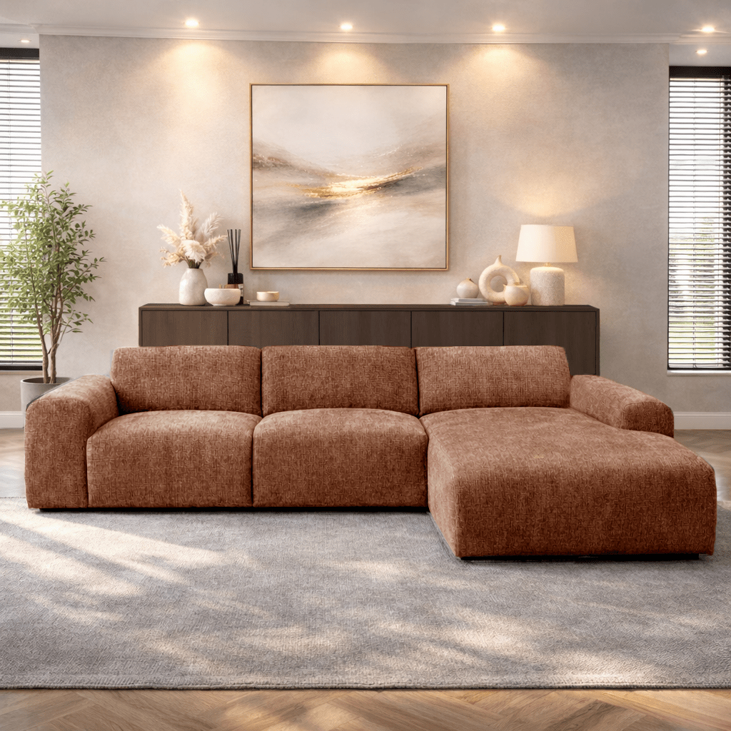 Hoekbank met lounge koper chenille stof Shane - rechts