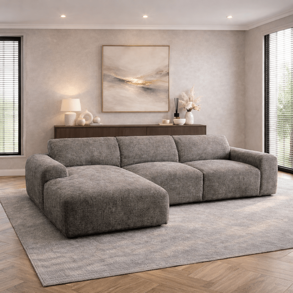 Hoekbank met lounge taupe chenille stof Shane - links