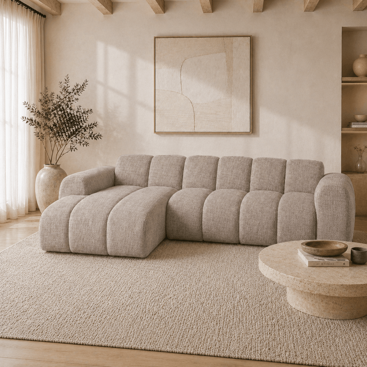 Banken-Hoekbank met lounge zand velvet structuurstof - strepen - links - Brix-Dimehouse